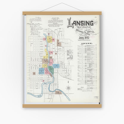 Old map wall art mockup — magnetic wood frame on white wall — Sanborn Fire Insurance Map from Lansing, Ingham County, Michigan (1892) - Complete Map Set