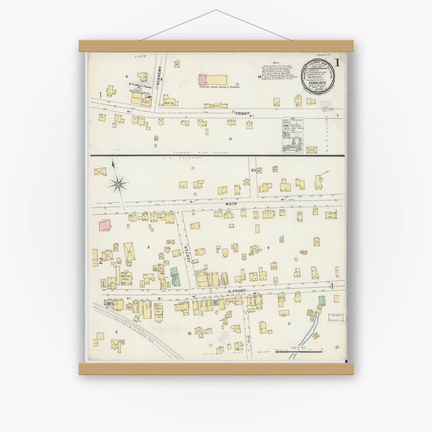 Old map wall art mockup — magnetic wood frame on white wall — Sanborn Fire Insurance Map from Hancock, Delaware County, New York (1897) - Complete Map Set