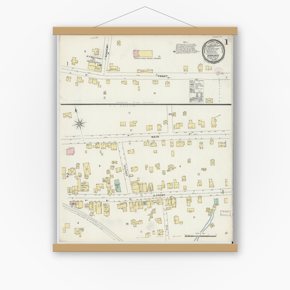Old map wall art mockup — magnetic wood frame on white wall — Sanborn Fire Insurance Map from Hancock, Delaware County, New York (1897) - Complete Map Set