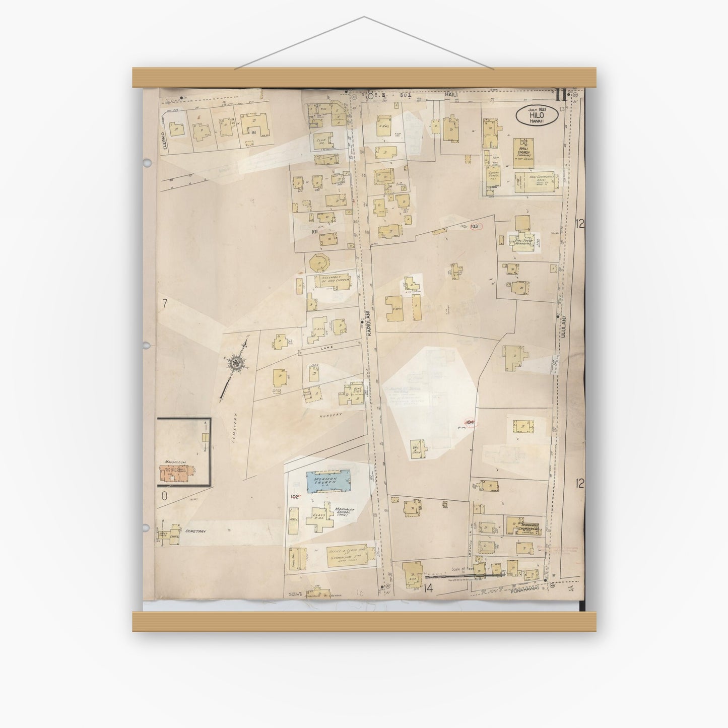 Old map wall art mockup — magnetic wood frame on white wall — Sanborn Fire Insurance Map from Hilo, Hawaii County, Hawaii (1957), Sheet #0011
