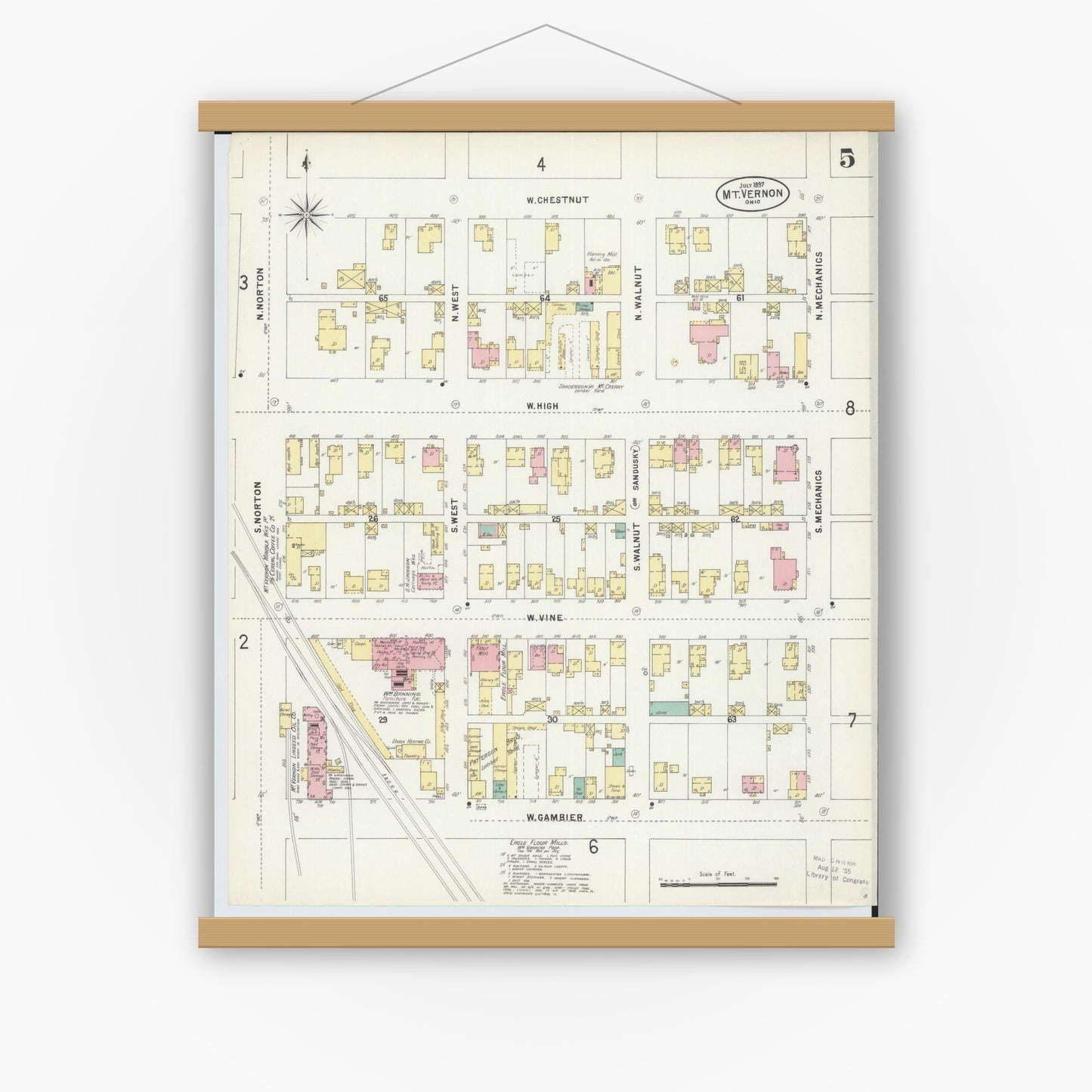 Old map wall art mockup — magnetic wood frame on white wall — Sanborn Fire Insurance Map from Mount Vernon, Knox County, Ohio (1897), Sheet #0005