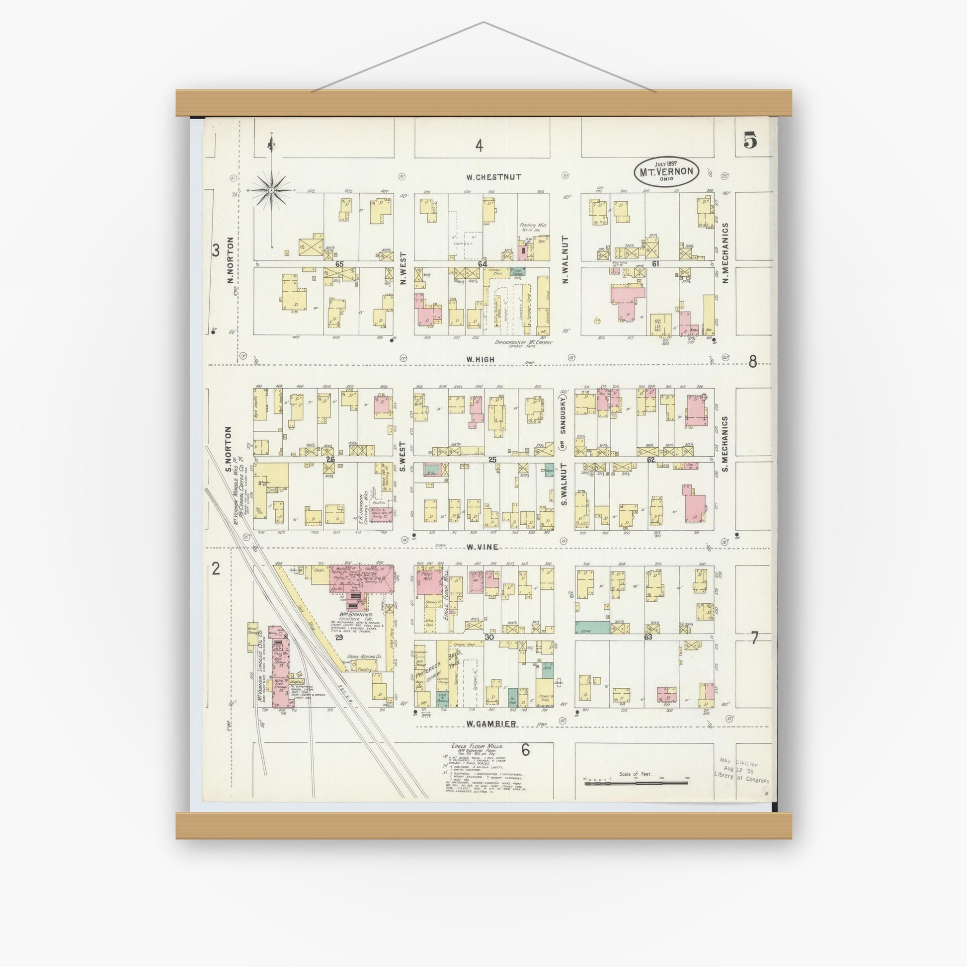 Old map wall art mockup — magnetic wood frame on white wall — Sanborn Fire Insurance Map from Mount Vernon, Knox County, Ohio (1897), Sheet #0005
