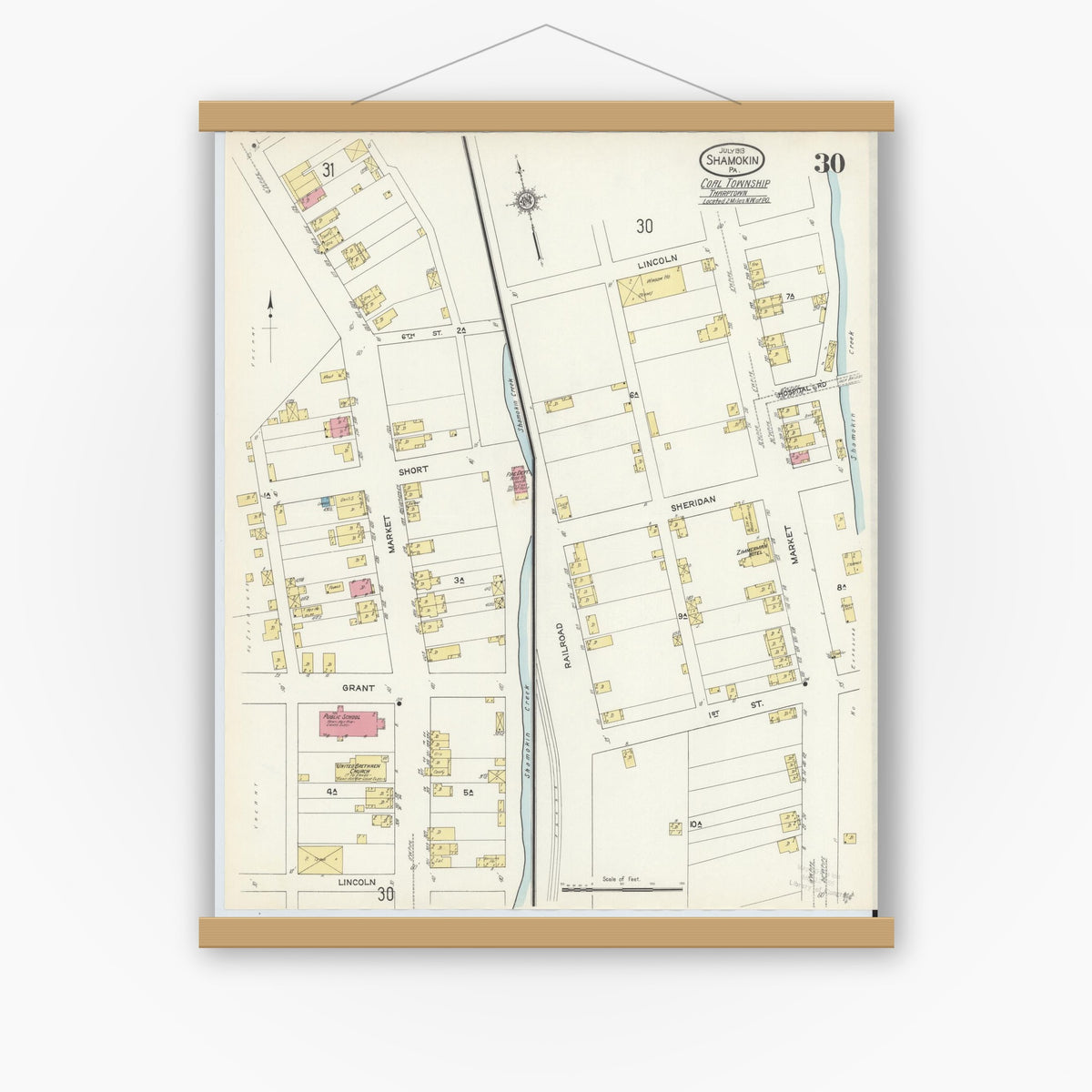 Old map wall art mockup — magnetic wood frame on white wall — Sanborn Fire Insurance Map from Shamokin, Northumberland County, Pennsylvania (1913), Sheet #0030
