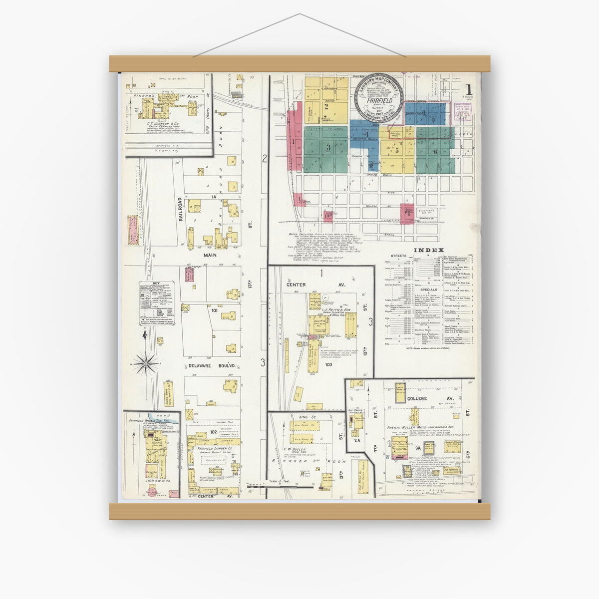 Old map wall art mockup — magnetic wood frame on white wall — Sanborn Fire Insurance Map from Fairfield, Wayne County, Illinois (1907), Sheet #0001