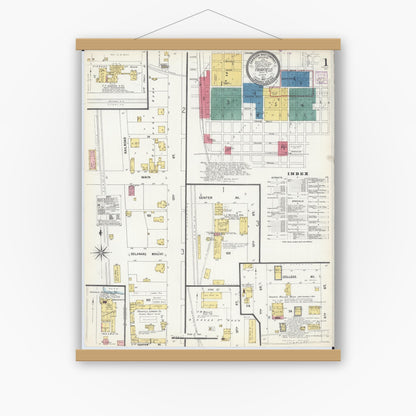 Old map wall art mockup — magnetic wood frame on white wall — Sanborn Fire Insurance Map from Fairfield, Wayne County, Illinois (1907), Sheet #0001