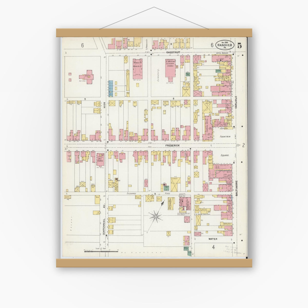 Old map wall art mockup — magnetic wood frame on white wall — Sanborn Fire Insurance Map from Hanover, York County, Pennsylvania (1902), Sheet #0005