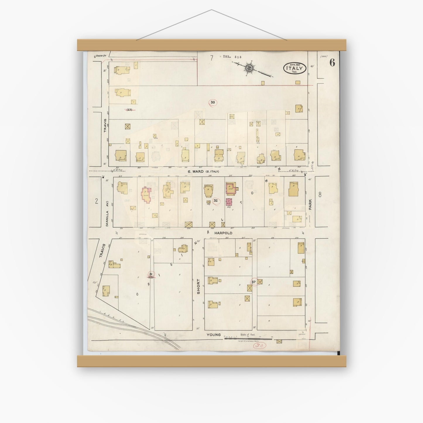 Old map wall art mockup — magnetic wood frame on white wall — Sanborn Fire Insurance Map from Italy, Ellis County, Texas (1944), Sheet #0006