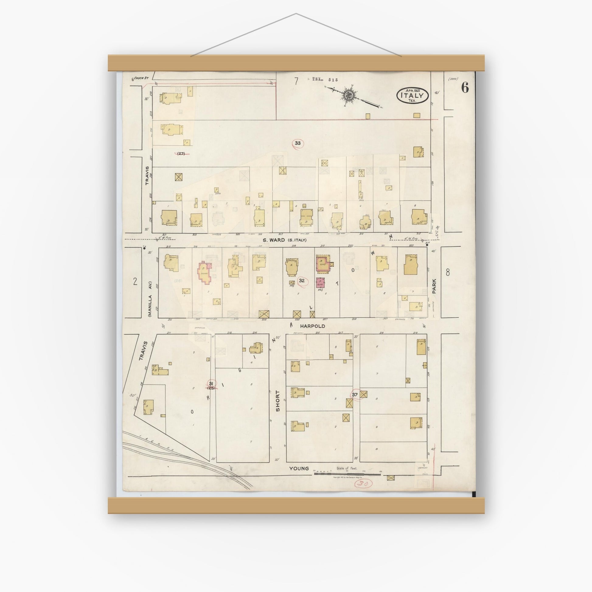 Old map wall art mockup — magnetic wood frame on white wall — Sanborn Fire Insurance Map from Italy, Ellis County, Texas (1944), Sheet #0006