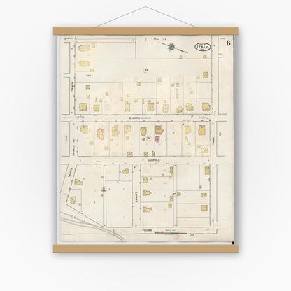 Old map wall art mockup — magnetic wood frame on white wall — Sanborn Fire Insurance Map from Italy, Ellis County, Texas (1944), Sheet #0006
