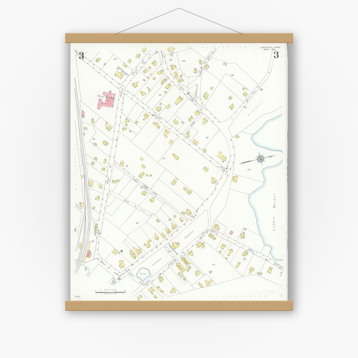 Old map wall art mockup — magnetic wood frame on white wall — Sanborn Fire Insurance Map from Cohasset, Norfolk County, Massachusetts (1935), Sheet #0003