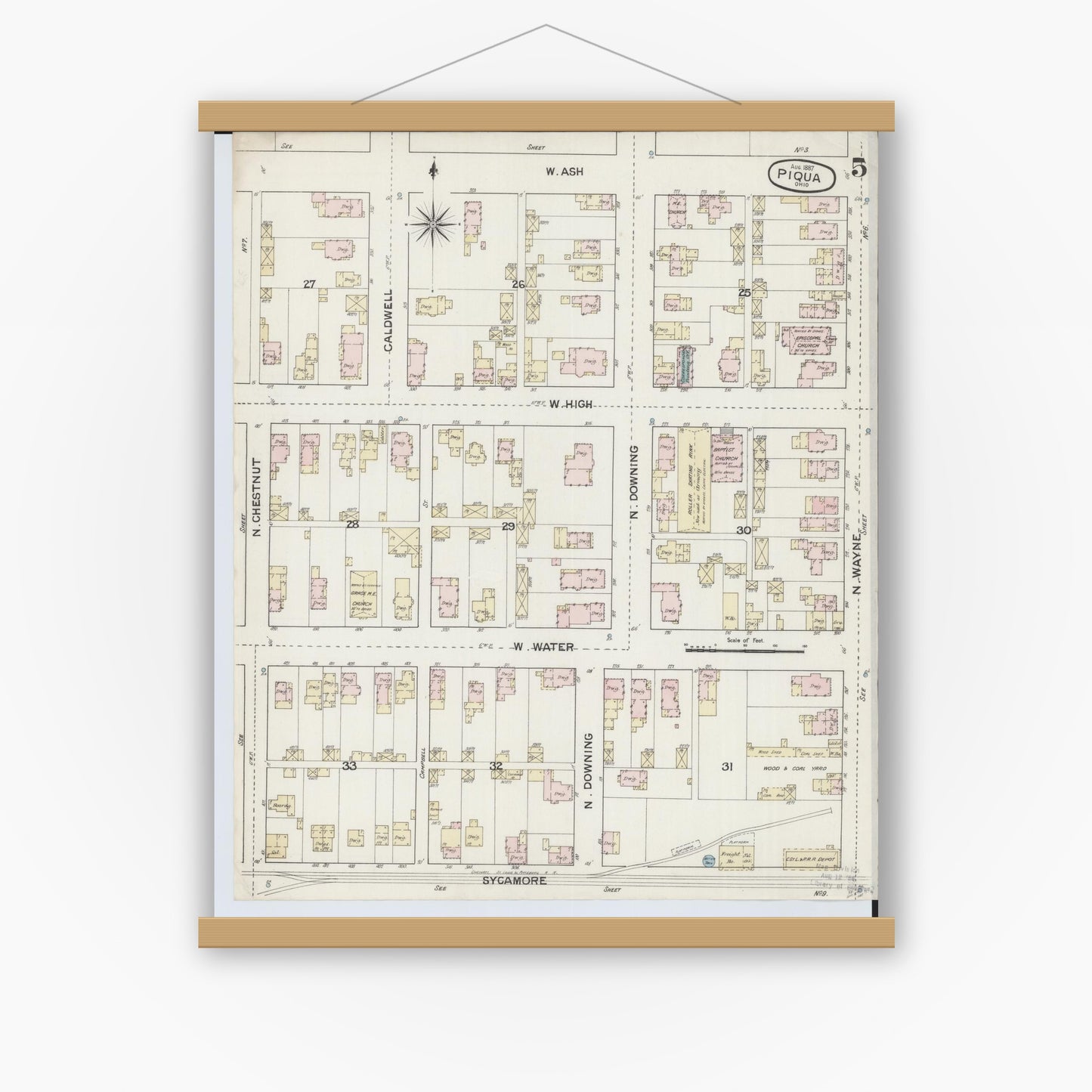 Old map wall art mockup — magnetic wood frame on white wall — Sanborn Fire Insurance Map from Piqua, Miami County, Ohio (1887), Sheet #0005