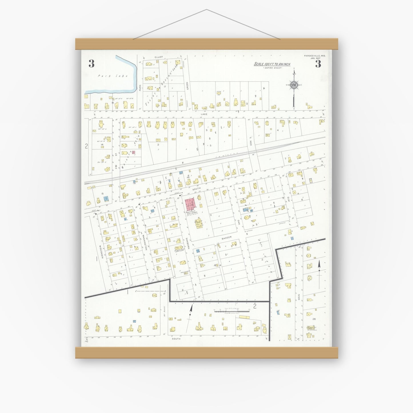 Old map wall art mockup — magnetic wood frame on white wall — Sanborn Fire Insurance Map from Pardeeville, Columbia County, Wisconsin (1937), Sheet #0003