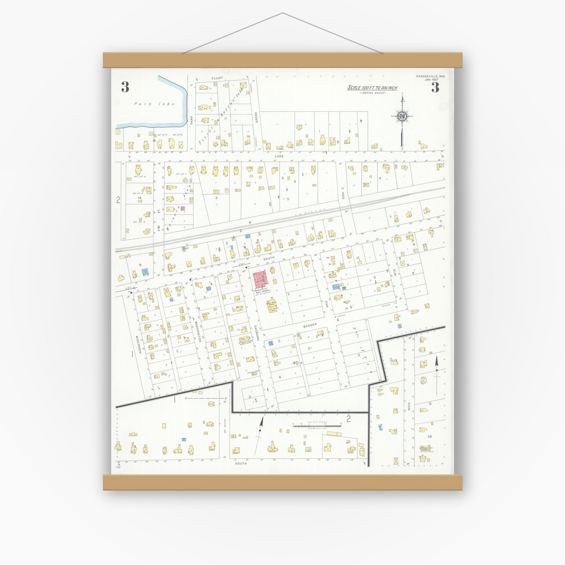 Old map wall art mockup — magnetic wood frame on white wall — Sanborn Fire Insurance Map from Pardeeville, Columbia County, Wisconsin (1937), Sheet #0003