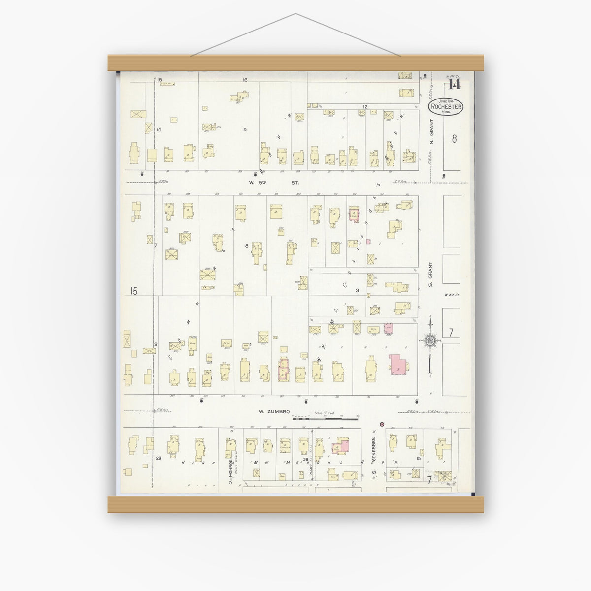 Old map wall art mockup — magnetic wood frame on white wall — Sanborn Fire Insurance Map from Rochester, Olmsted County, Minnesota (1914), Sheet #0014