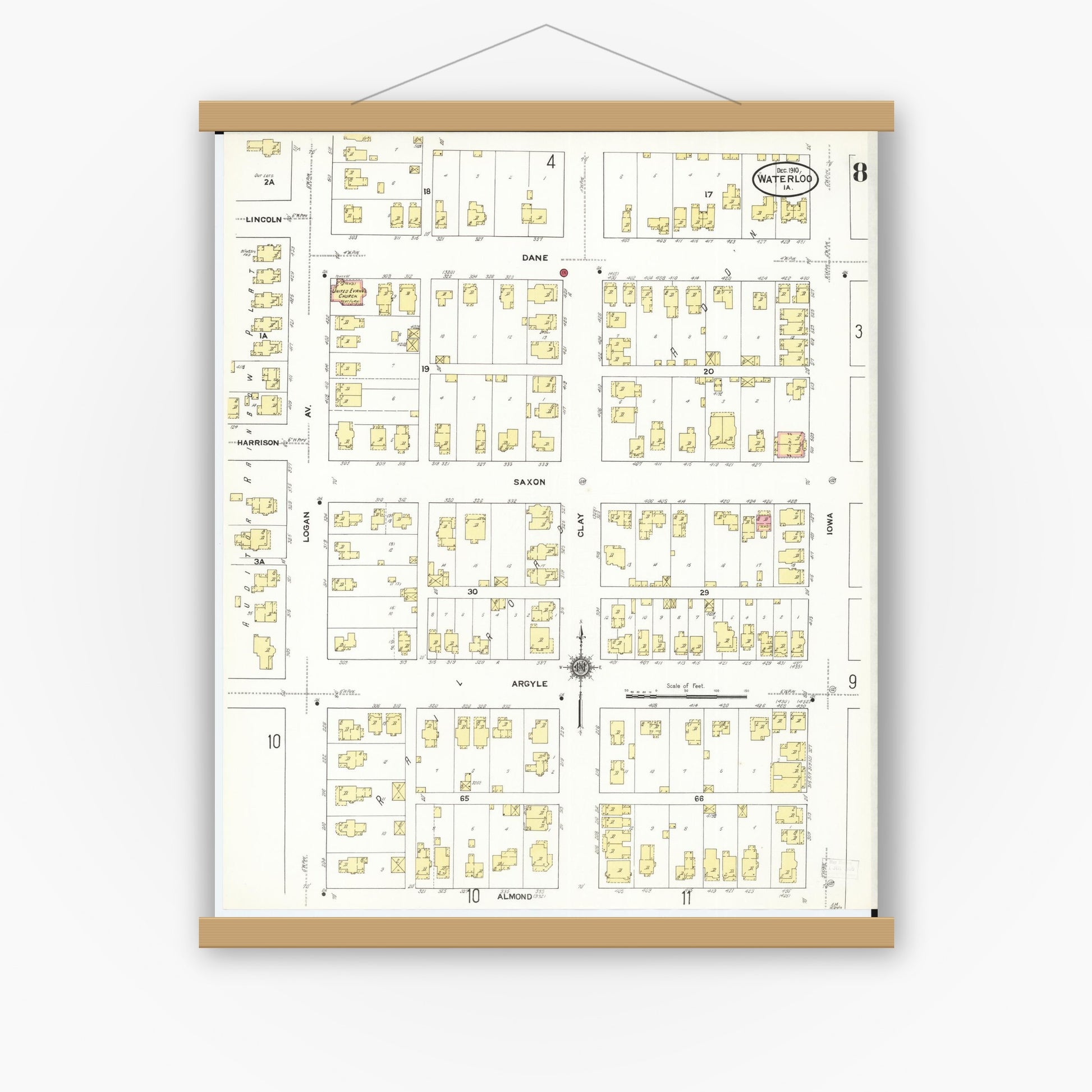 Old map wall art mockup — magnetic wood frame on white wall — Sanborn Fire Insurance Map from Waterloo, Black Hawk County, Iowa (1910), Sheet #0008