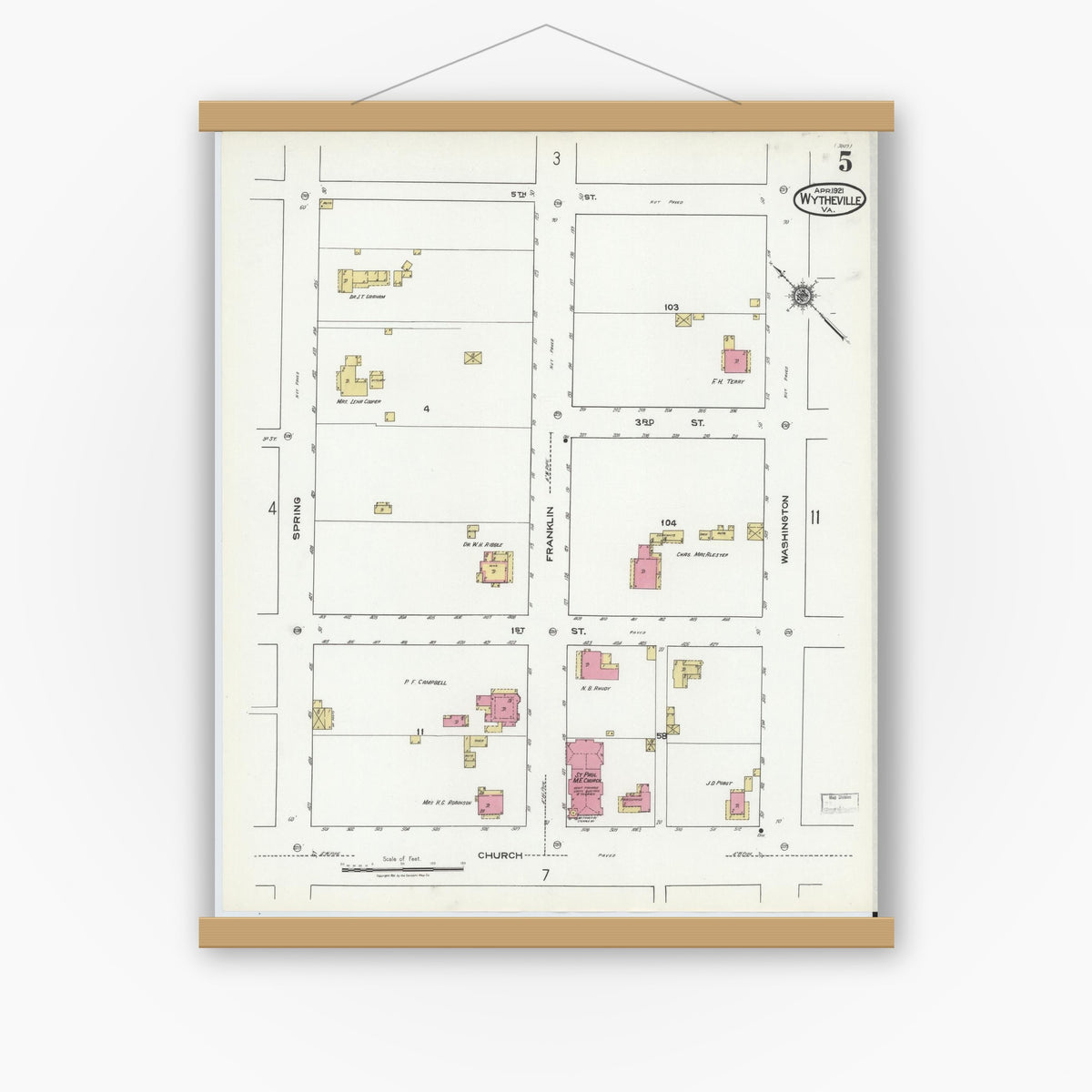 Old map wall art mockup — magnetic wood frame on white wall — Sanborn Fire Insurance Map from Wytheville, Wythe County, Virginia (1921), Sheet #0005