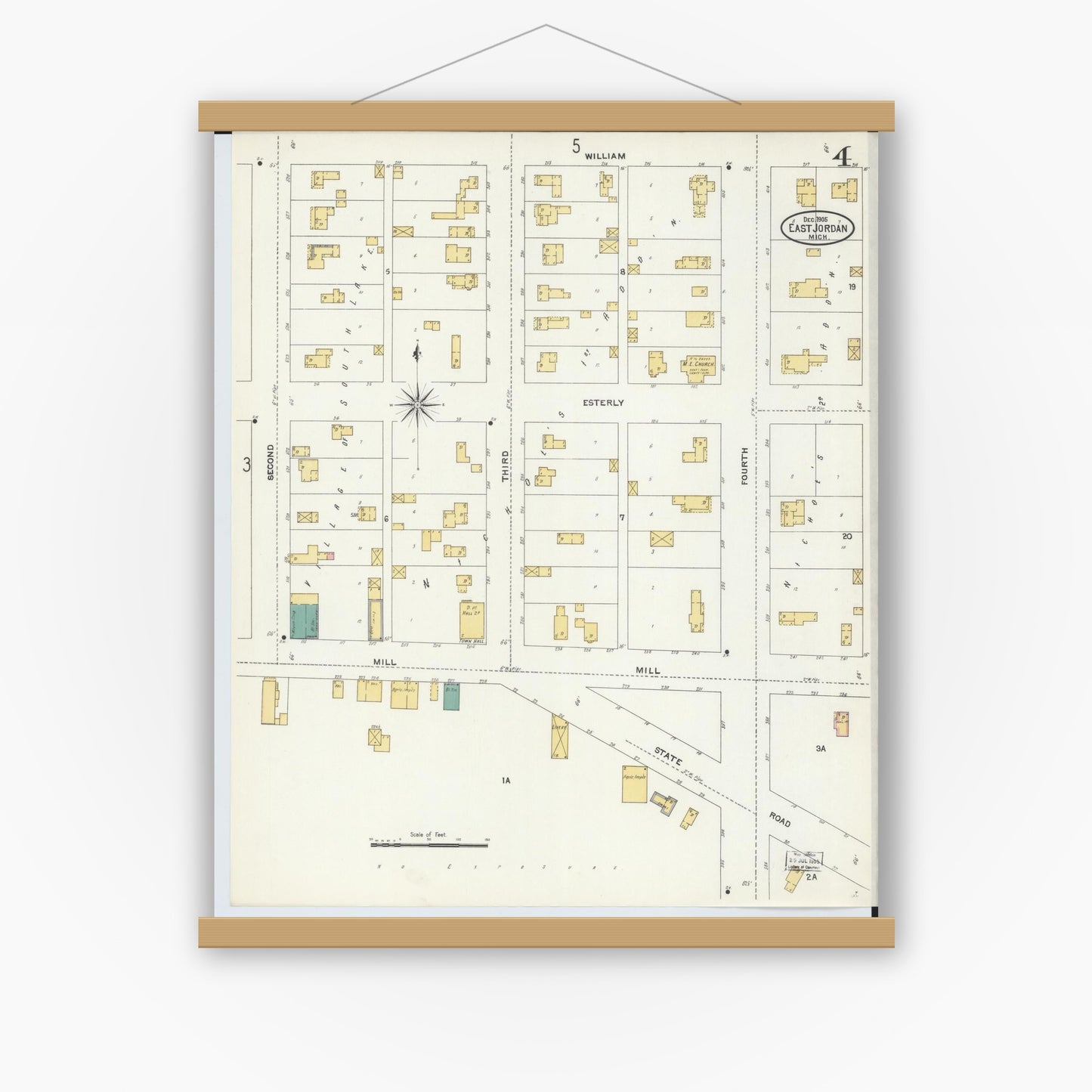 Old map wall art mockup — magnetic wood frame on white wall — Sanborn Fire Insurance Map from East Jordan, Charlevoix County, Michigan (1905), Sheet #0004