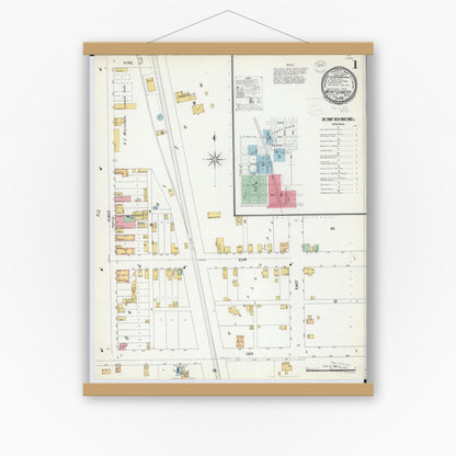 Old map wall art mockup — magnetic wood frame on white wall — Sanborn Fire Insurance Map from Montgomery, Le Sueur  County, Minnesota (1899), Sheet #0001