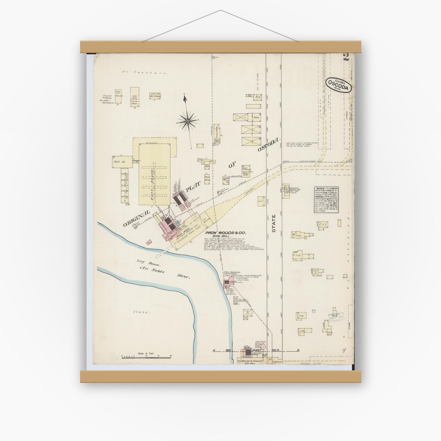 Old map wall art mockup — magnetic wood frame on white wall — Sanborn Fire Insurance Map from Oscoda, Iosco County, Michigan (1884), Sheet #0002