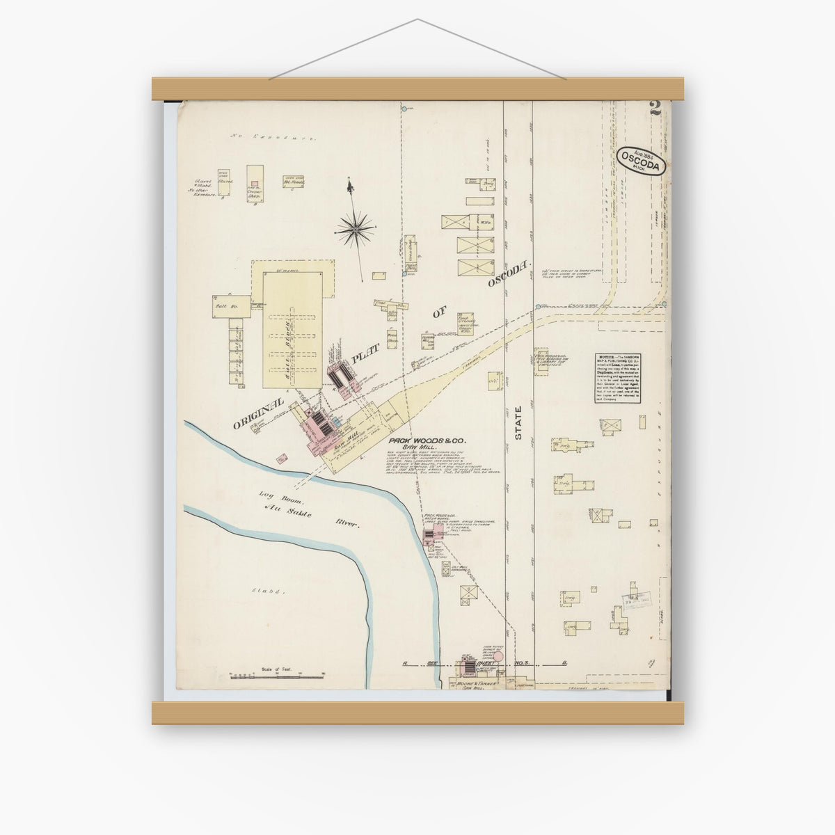 Old map wall art mockup — magnetic wood frame on white wall — Sanborn Fire Insurance Map from Oscoda, Iosco County, Michigan (1884), Sheet #0002