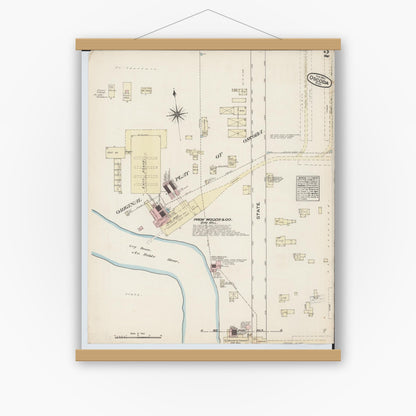 Old map wall art mockup — magnetic wood frame on white wall — Sanborn Fire Insurance Map from Oscoda, Iosco County, Michigan (1884), Sheet #0002