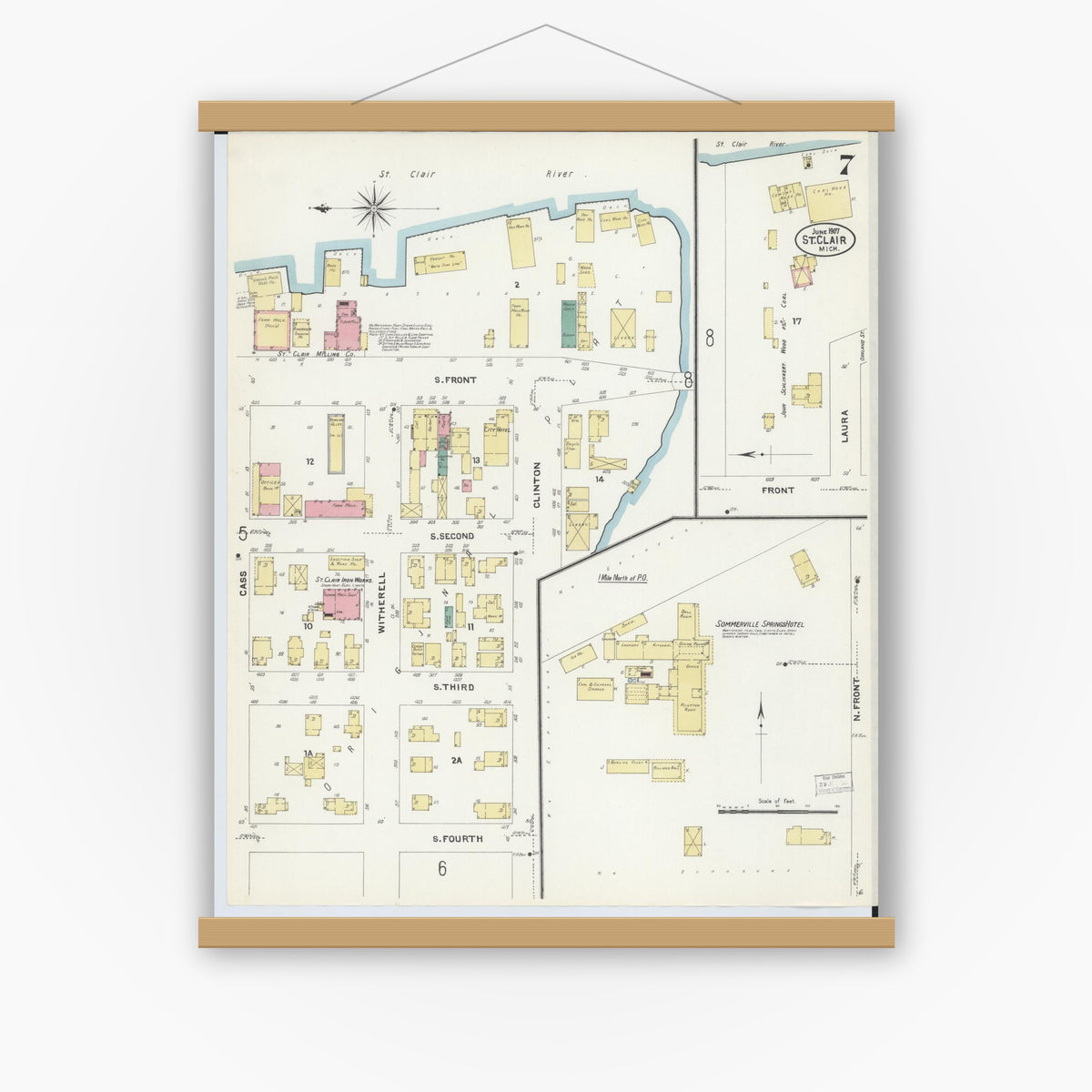 Old map wall art mockup — magnetic wood frame on white wall — Sanborn Fire Insurance Map from Saint Clair, Saint Clair County, Michigan (1907), Sheet #0007