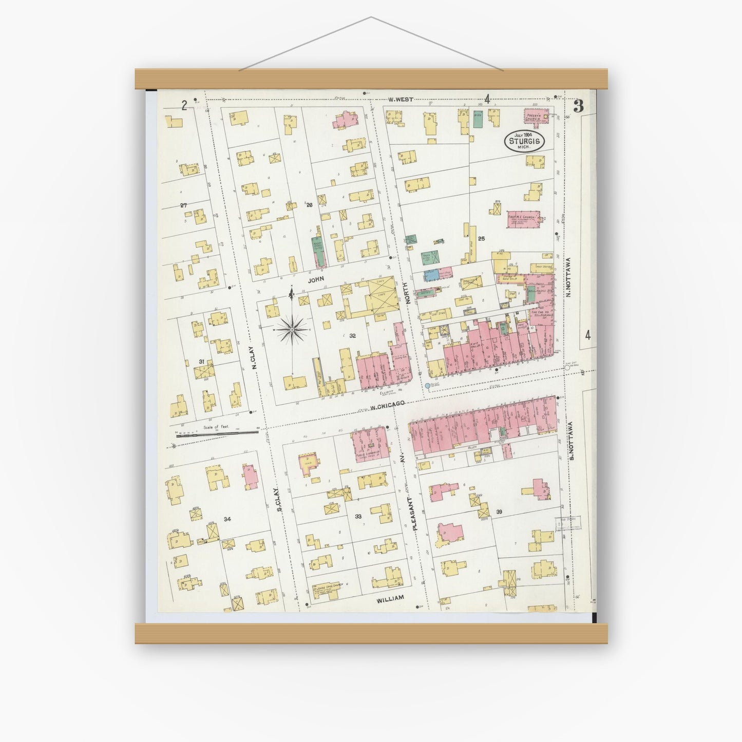 Old map wall art mockup — magnetic wood frame on white wall — Sanborn Fire Insurance Map from Sturgis, Saint Joseph County, Michigan (1904), Sheet #0003
