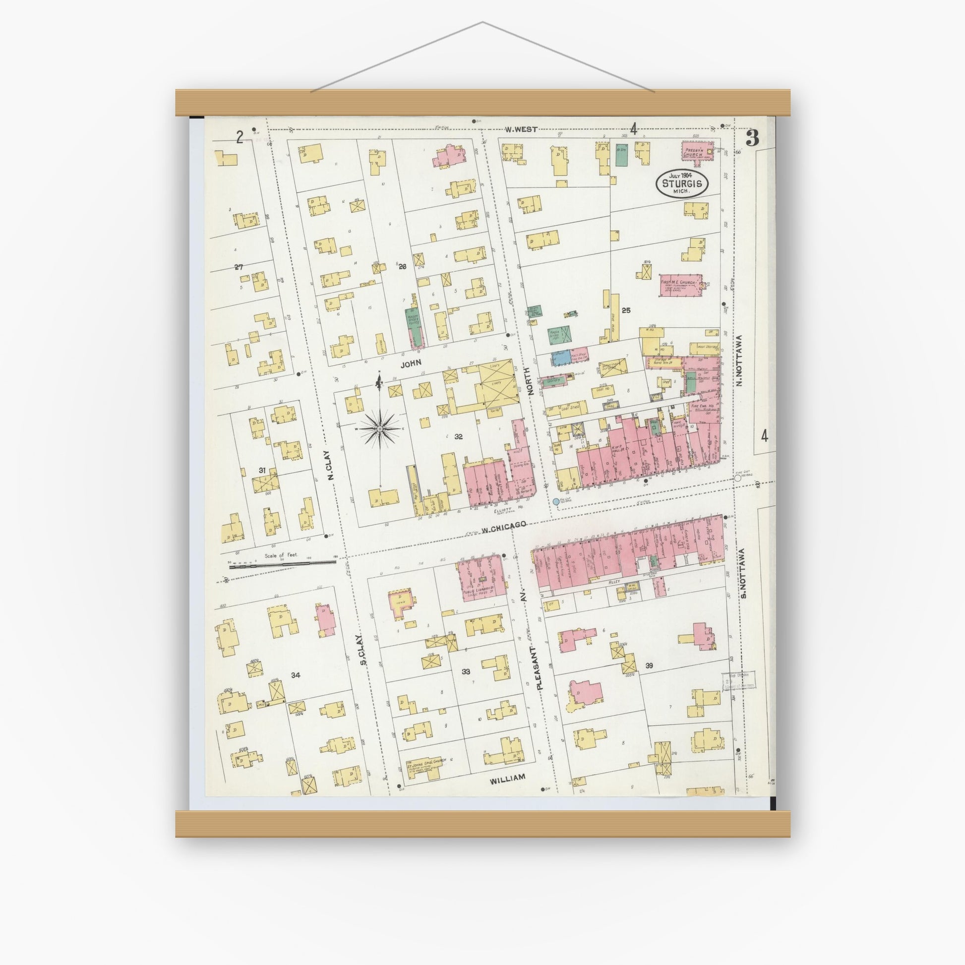Old map wall art mockup — magnetic wood frame on white wall — Sanborn Fire Insurance Map from Sturgis, Saint Joseph County, Michigan (1904), Sheet #0003