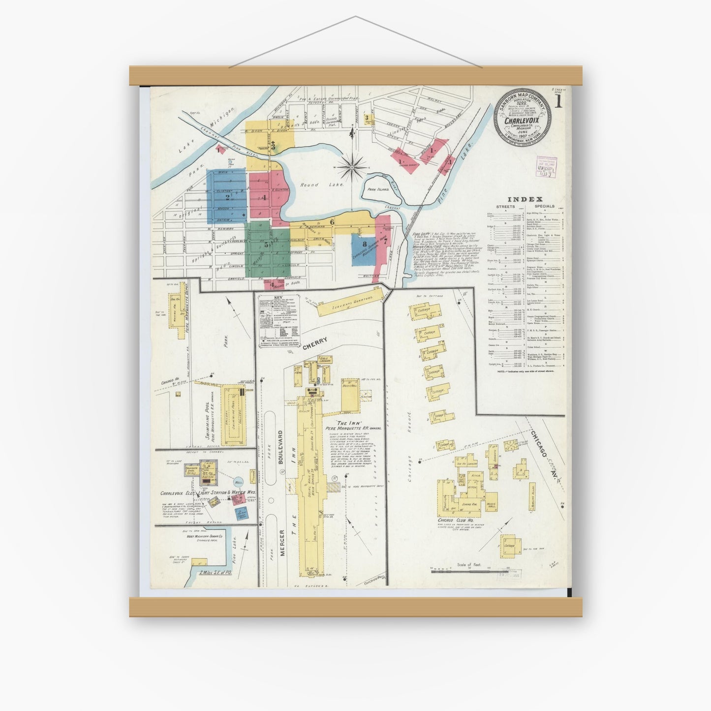 Old map wall art mockup — magnetic wood frame on white wall — Sanborn Fire Insurance Map from Charlevoix, Charlevoix County, Michigan (1907), Sheet #0001