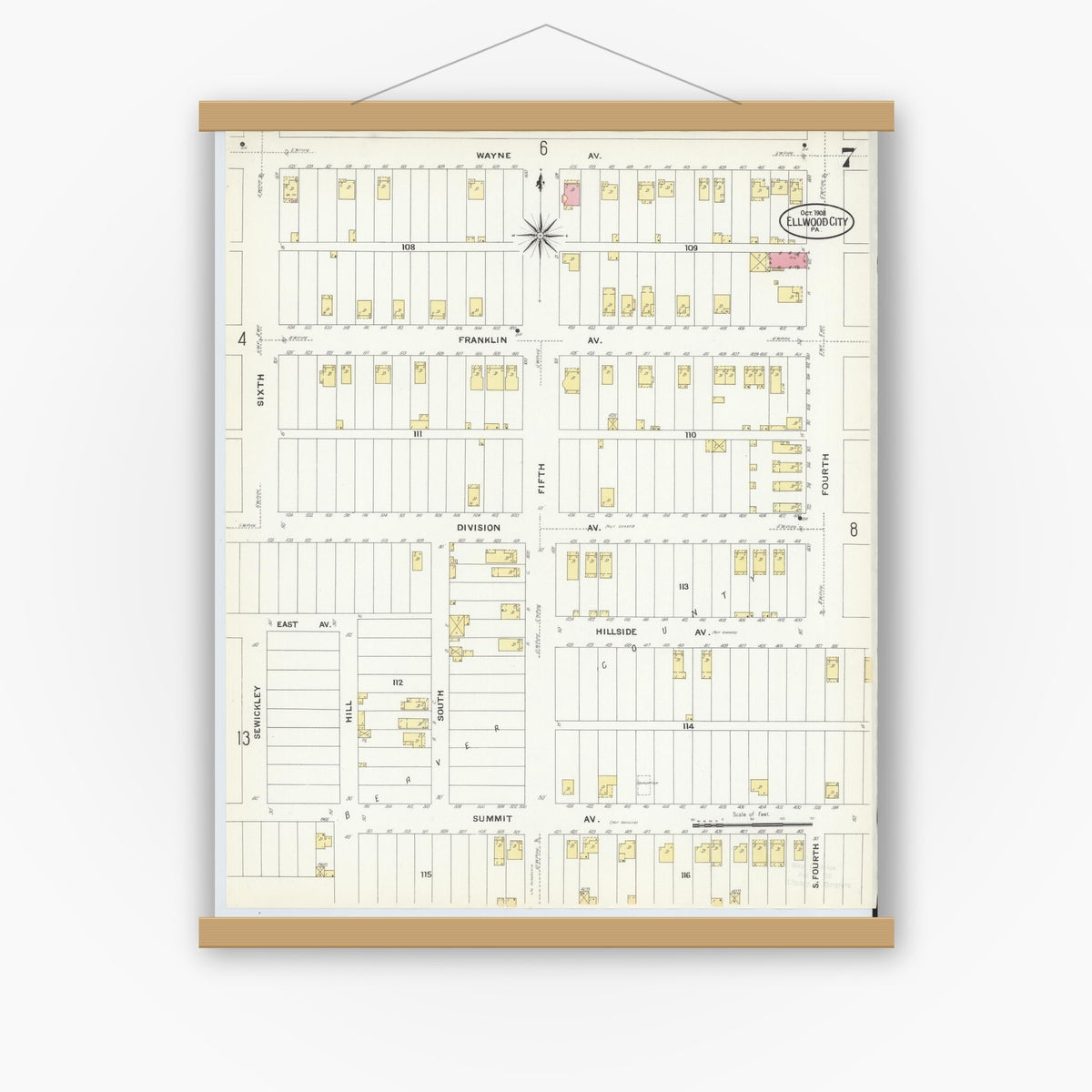 Old map wall art mockup — magnetic wood frame on white wall — Sanborn Fire Insurance Map from Ellwood City, Lawrence County, Pennsylvania (1908), Sheet #0007