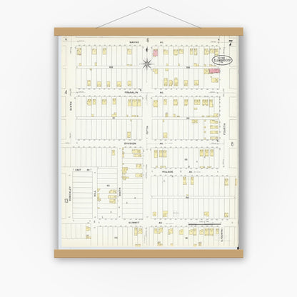 Old map wall art mockup — magnetic wood frame on white wall — Sanborn Fire Insurance Map from Ellwood City, Lawrence County, Pennsylvania (1908), Sheet #0007