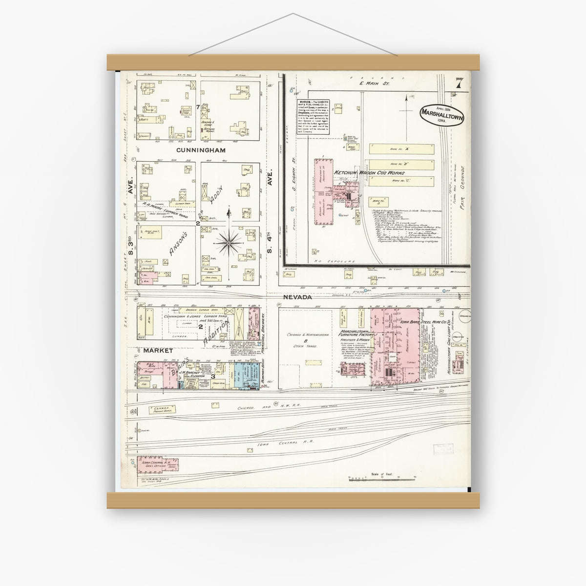 Old map wall art mockup — magnetic wood frame on white wall — Sanborn Fire Insurance Map from Marshalltown, Marshall County, Iowa (1884), Sheet #0007