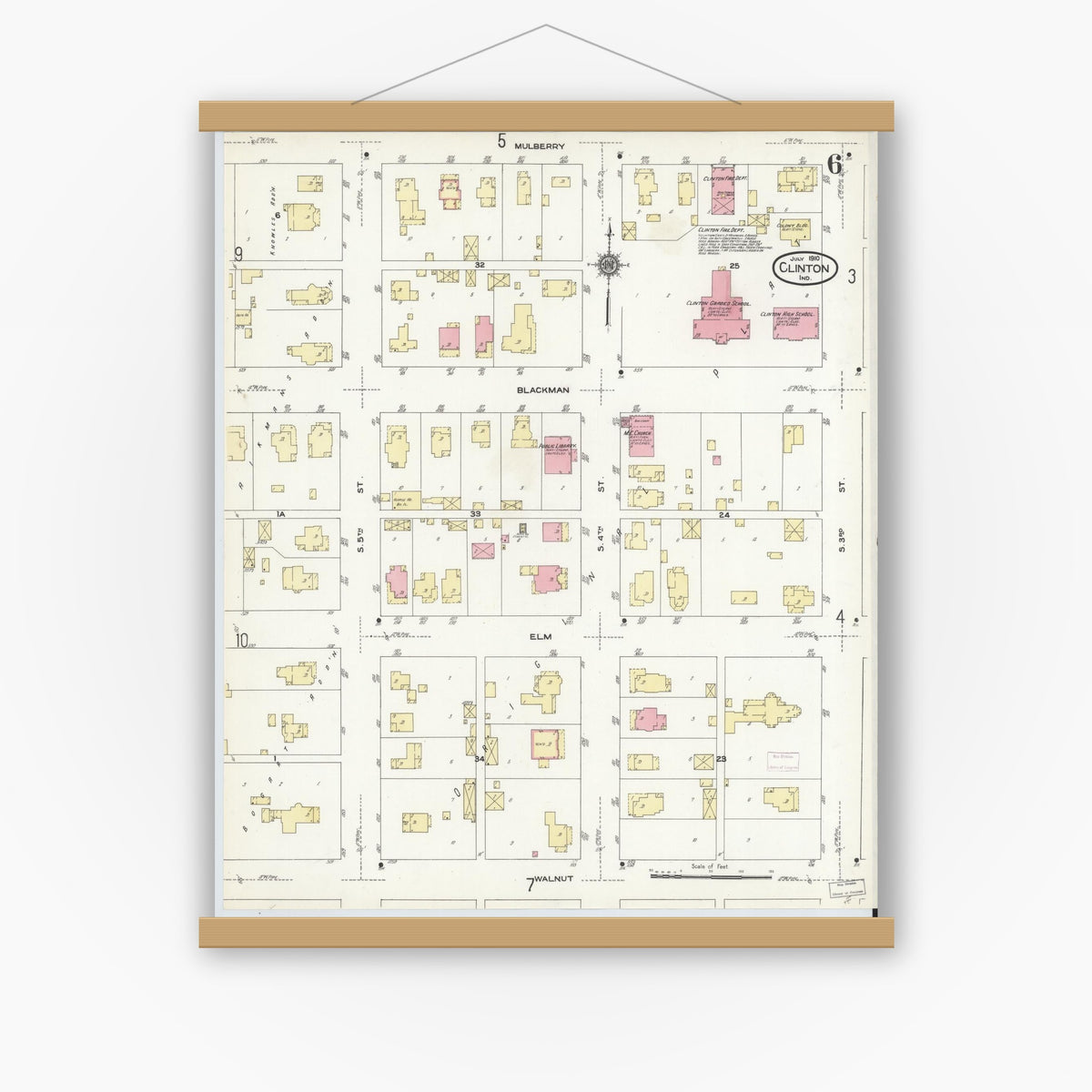 Old map wall art mockup — magnetic wood frame on white wall — Sanborn Fire Insurance Map from Clinton, Vermillion County, Indiana (1910), Sheet #0006
