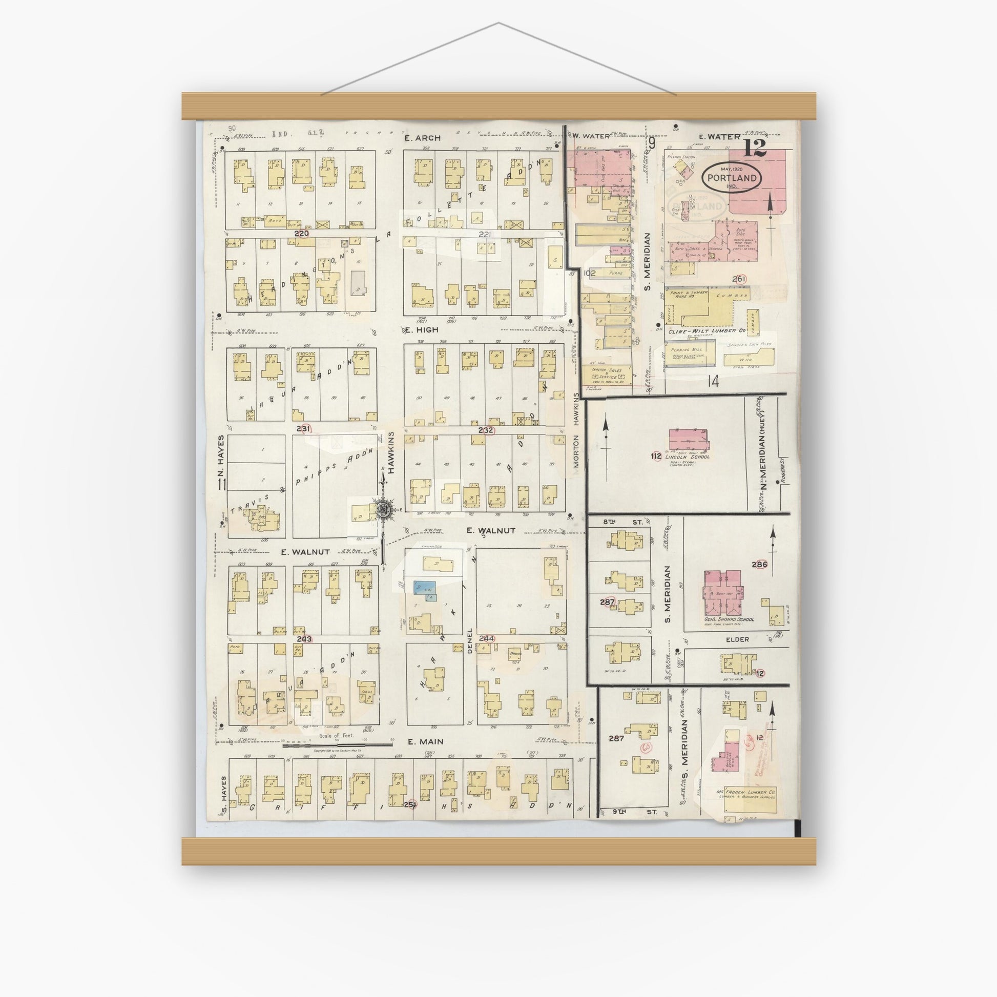 Old map wall art mockup — magnetic wood frame on white wall — Sanborn Fire Insurance Map from Portland, Jay County, Indiana (1946), Sheet #0012