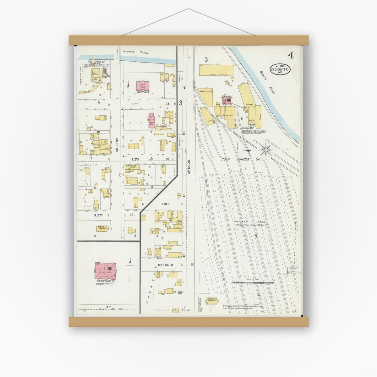 Old map wall art mockup — magnetic wood frame on white wall — Sanborn Fire Insurance Map from Oconto, Oconto County, Wisconsin (1898), Sheet #0004