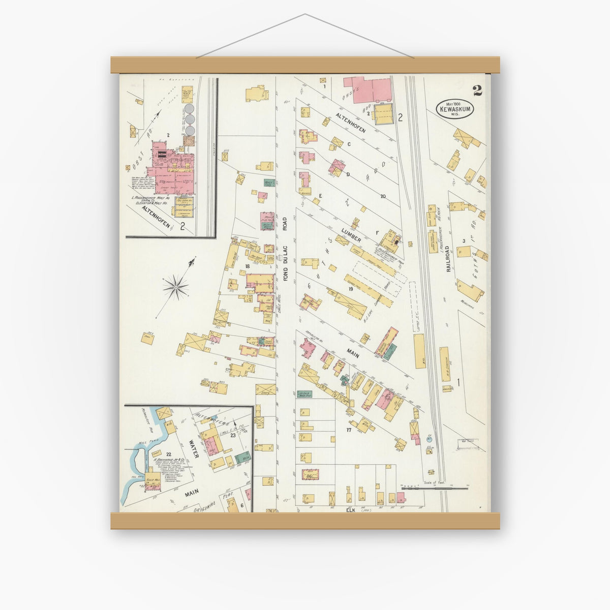 Old map wall art mockup — magnetic wood frame on white wall — Sanborn Fire Insurance Map from Kewaskum, Washington County, Wisconsin (1900), Sheet #0002