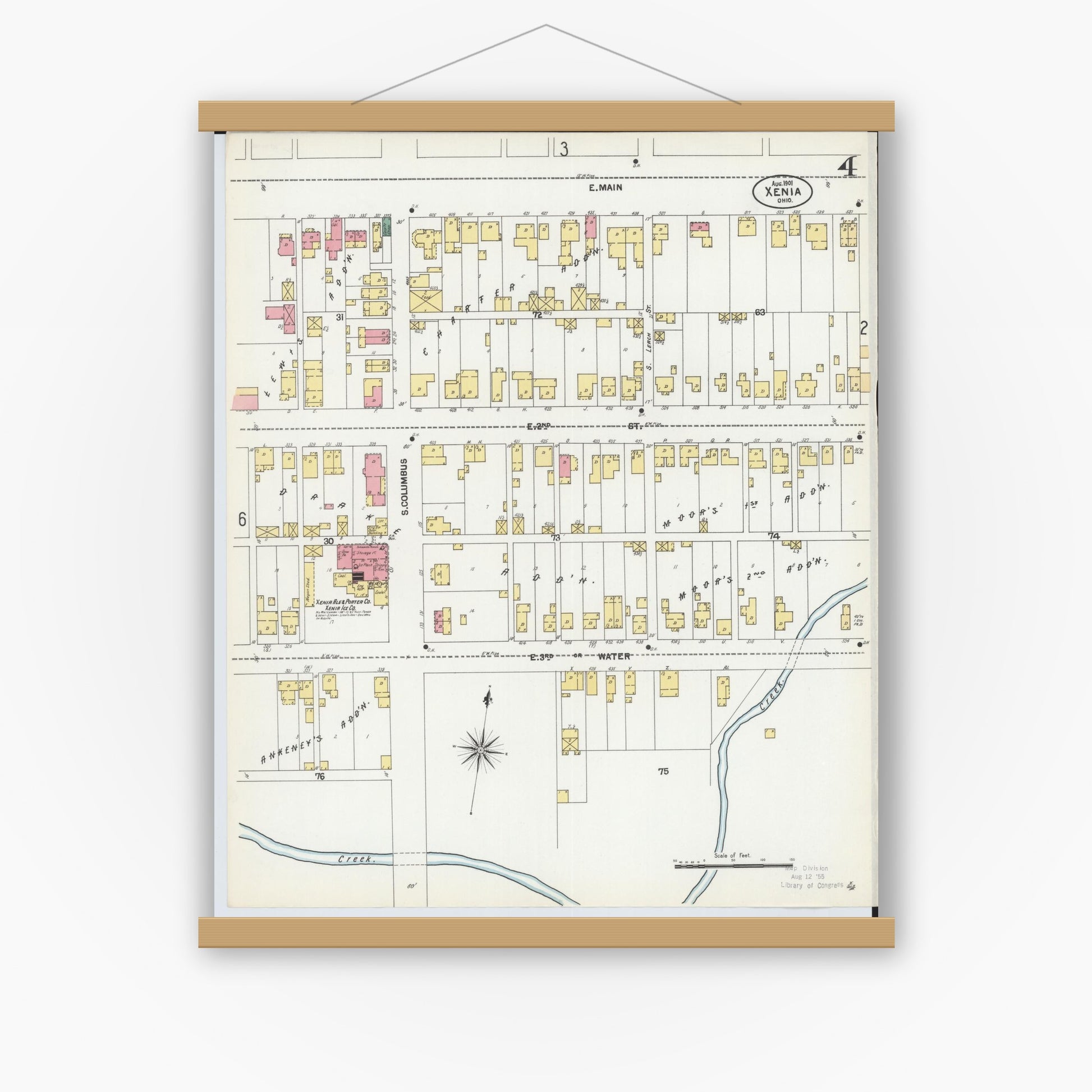 Old map wall art mockup — magnetic wood frame on white wall — Sanborn Fire Insurance Map from Xenia, Greene County, Ohio (1901), Sheet #0004
