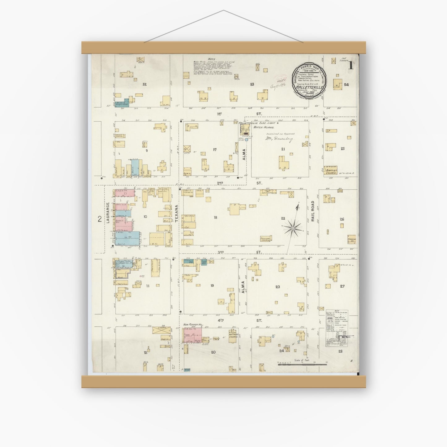 Old map wall art mockup — magnetic wood frame on white wall — Sanborn Fire Insurance Map from Hallettsville, Lavaca County, Texas (1896), Sheet #0001