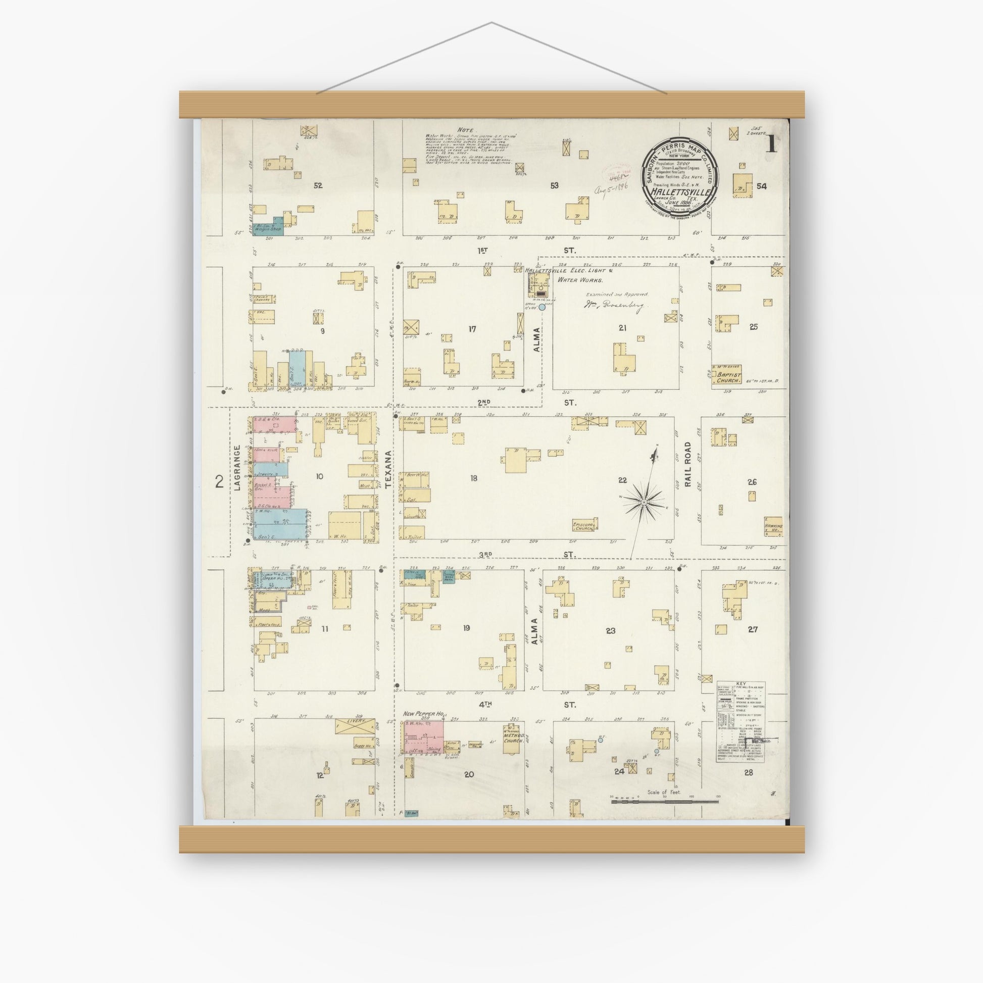 Old map wall art mockup — magnetic wood frame on white wall — Sanborn Fire Insurance Map from Hallettsville, Lavaca County, Texas (1896), Sheet #0001