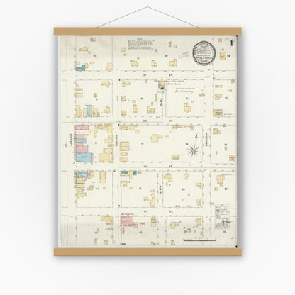 Old map wall art mockup — magnetic wood frame on white wall — Sanborn Fire Insurance Map from Hallettsville, Lavaca County, Texas (1896), Sheet #0001