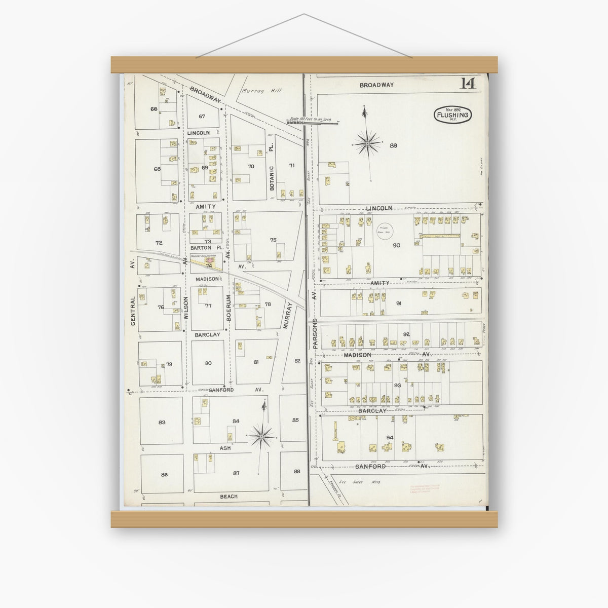 Old map wall art mockup — magnetic wood frame on white wall — Sanborn Fire Insurance Map from Flushing, Queens County, New York (1892), Sheet #0014