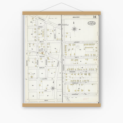 Old map wall art mockup — magnetic wood frame on white wall — Sanborn Fire Insurance Map from Flushing, Queens County, New York (1892), Sheet #0014