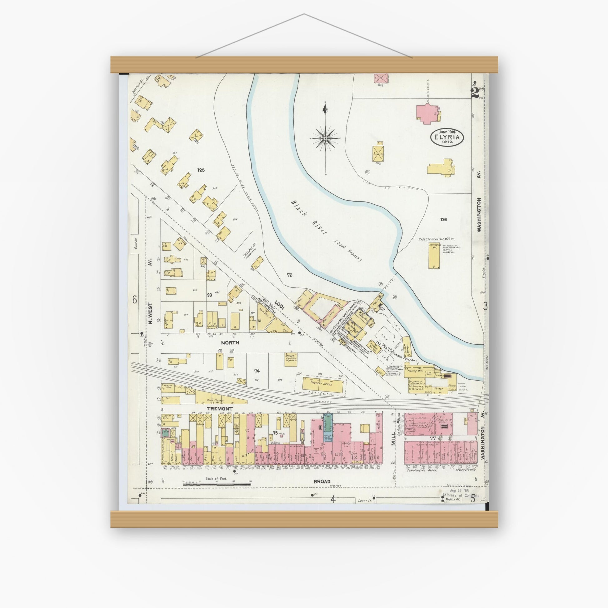 Old map wall art mockup — magnetic wood frame on white wall — Sanborn Fire Insurance Map from Elyria, Lorain County, Ohio (1904), Sheet #0002
