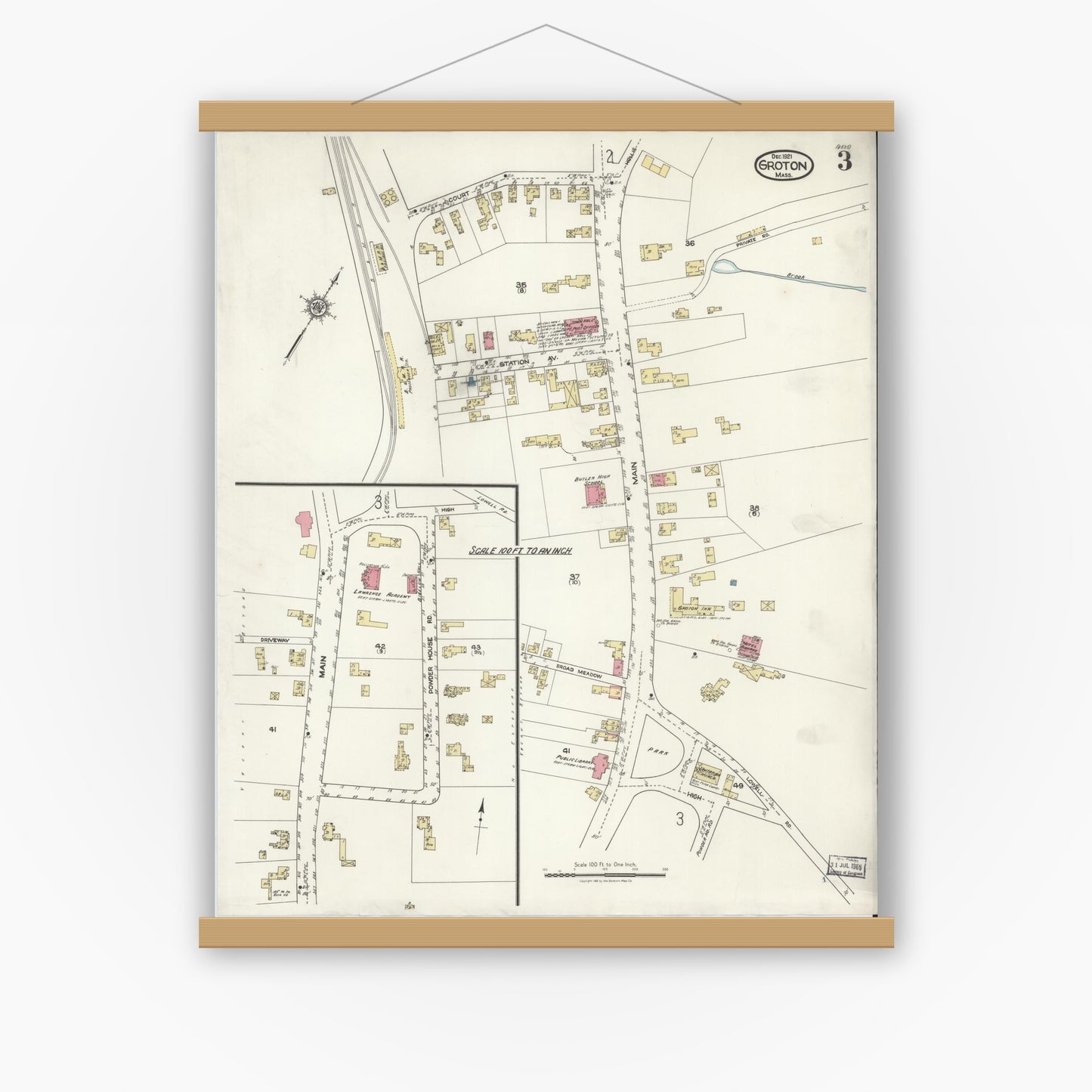 Old map wall art mockup — magnetic wood frame on white wall — Sanborn Fire Insurance Map from Groton, Middlesex County, Massachusetts (1921), Sheet #0003