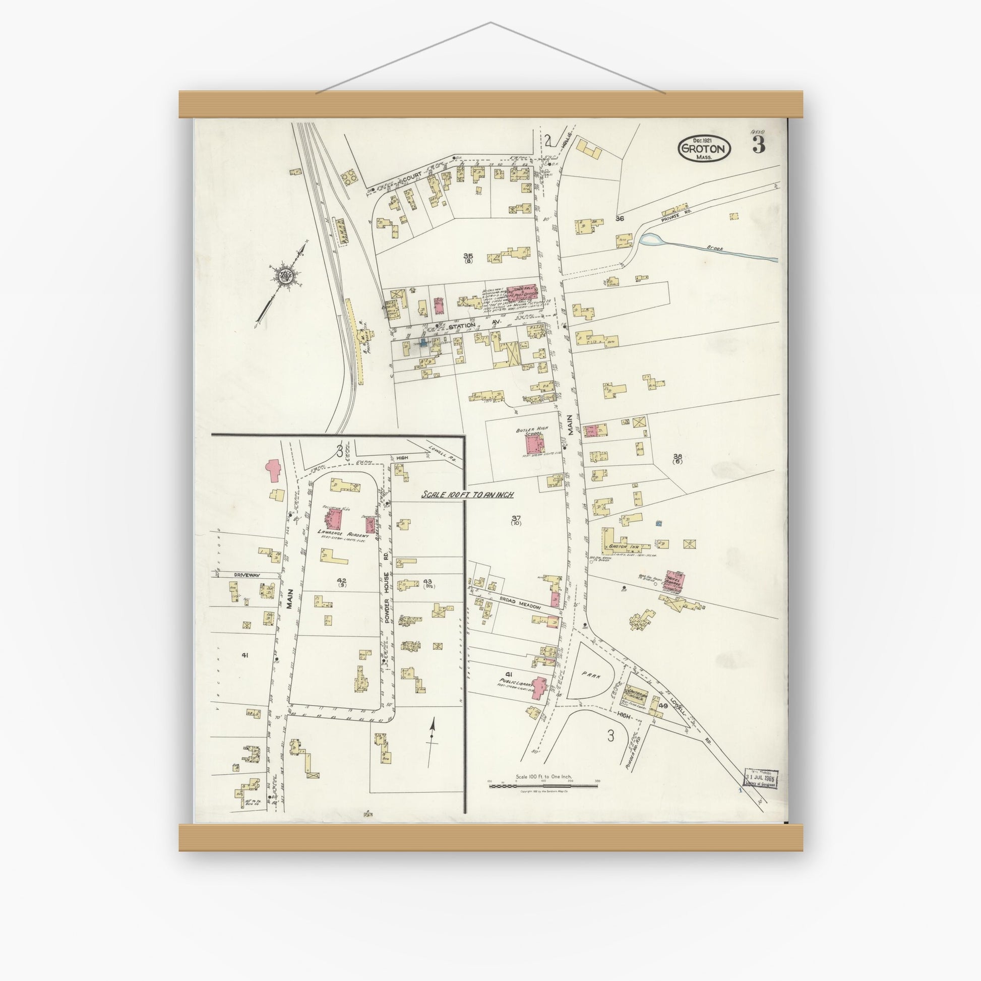 Old map wall art mockup — magnetic wood frame on white wall — Sanborn Fire Insurance Map from Groton, Middlesex County, Massachusetts (1921), Sheet #0003