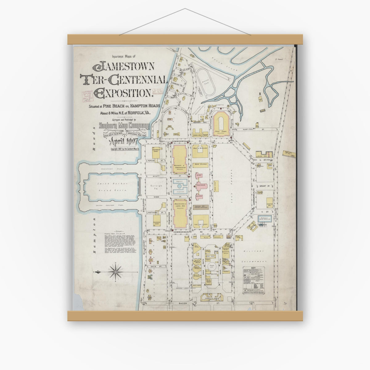 Old map wall art mockup — magnetic wood frame on white wall — Sanborn Fire Insurance Map from Norfolk, Independent Cities, Virginia (1907), Sheet #0001