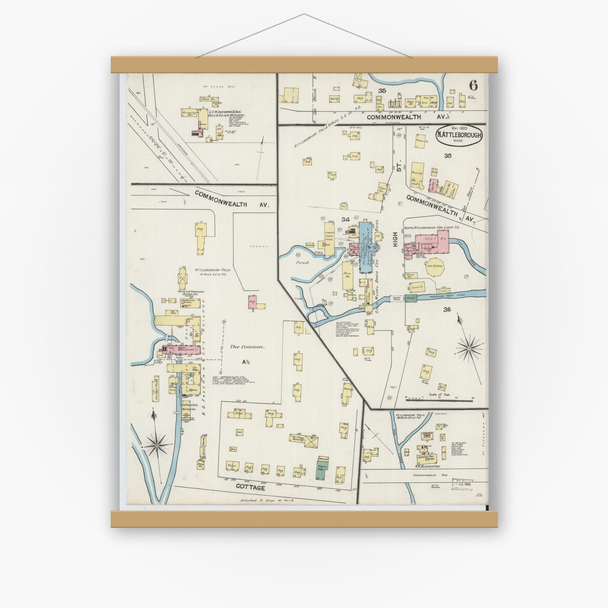 Old map wall art mockup — magnetic wood frame on white wall — Sanborn Fire Insurance Map from North Attleborough, Bristol County, Massachusetts (1889), Sheet #0006