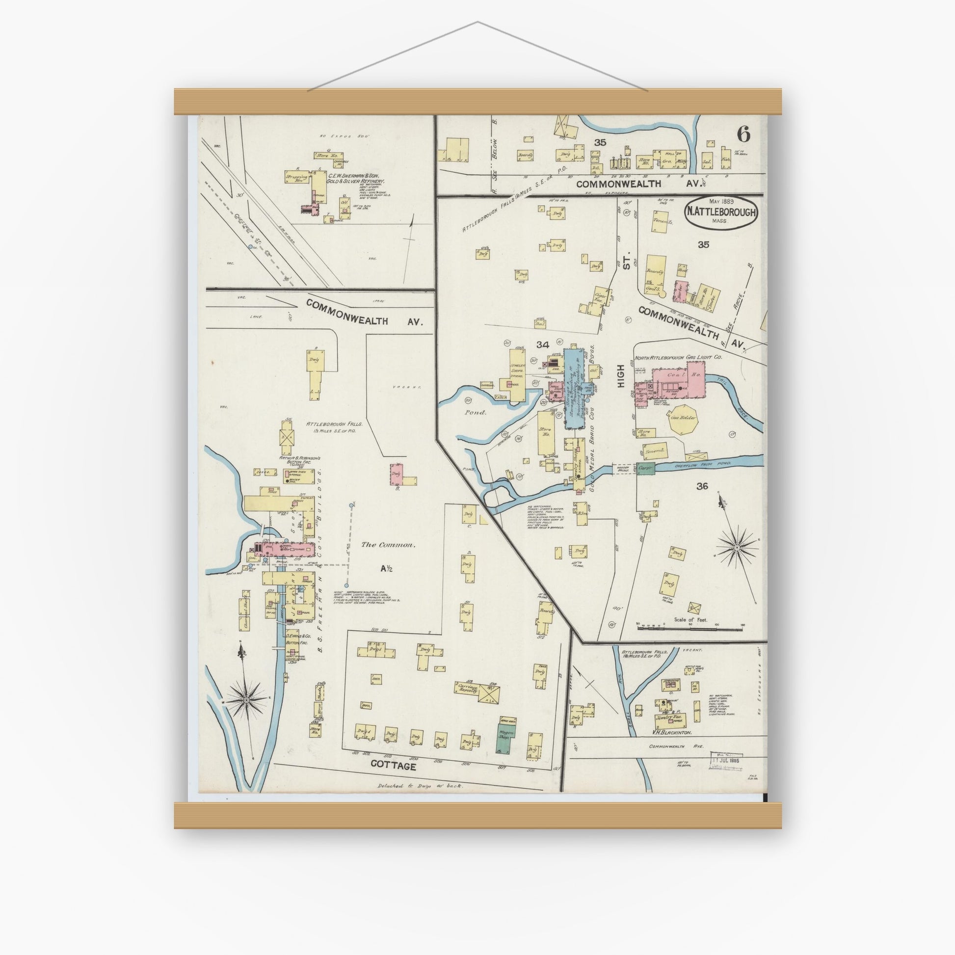 Old map wall art mockup — magnetic wood frame on white wall — Sanborn Fire Insurance Map from North Attleborough, Bristol County, Massachusetts (1889), Sheet #0006