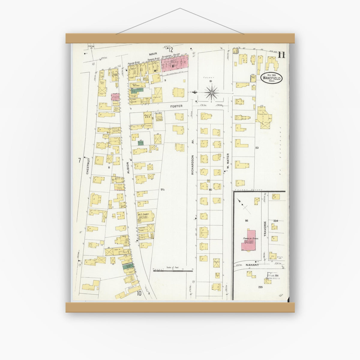 Old map wall art mockup — magnetic wood frame on white wall — Sanborn Fire Insurance Map from Wakefield, Middlesex County, Massachusetts (1909), Sheet #0011