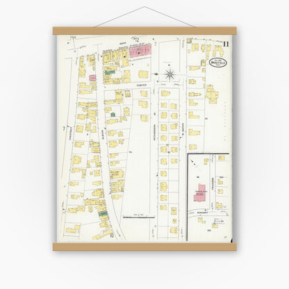 Old map wall art mockup — magnetic wood frame on white wall — Sanborn Fire Insurance Map from Wakefield, Middlesex County, Massachusetts (1909), Sheet #0011